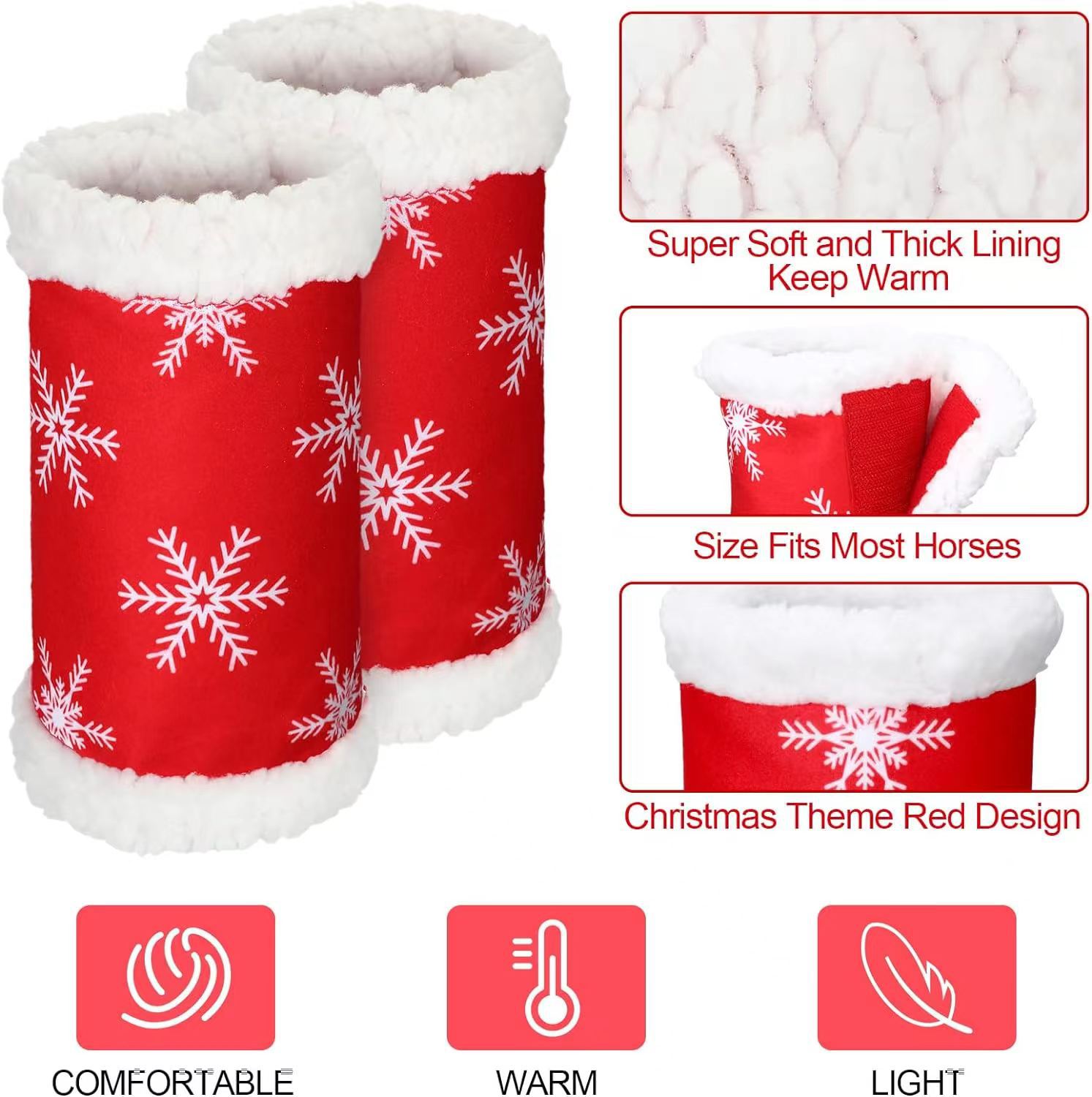 Christmas Horse Leg Boots Breathable Mesh Polar Fleece Equine Guards Insect-Repellent Wraps Reduced Fatigue Equestrian Gear - Red