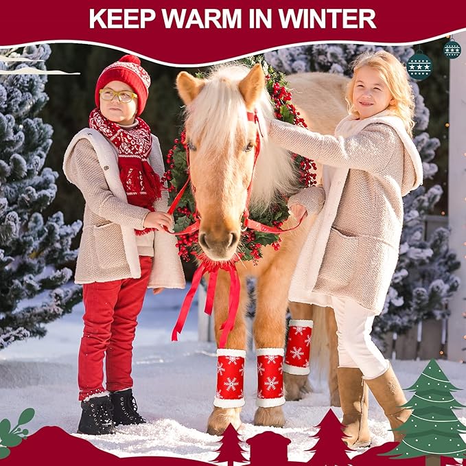 Christmas Horse Leg Boots Breathable Mesh Polar Fleece Equine Guards Insect-Repellent Wraps Reduced Fatigue Equestrian Gear - Red