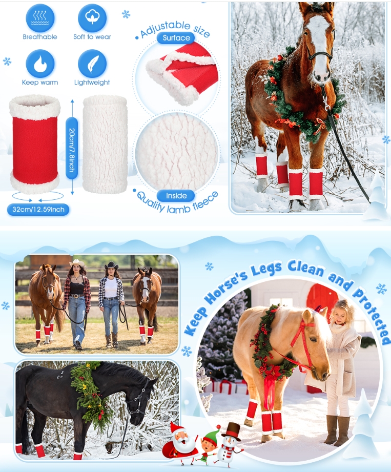 Christmas Horse Leg Boots Breathable Mesh Polar Fleece Equine Guards Insect-Repellent Wraps Reduced Fatigue Equestrian Gear - Red