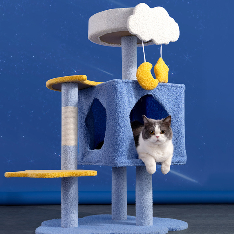 Dreamy Starry Sky Fun Towers Cat Post Climber Tree Cat Condo Scratching Post Climbing Frame Cat Post Climbing Shelf - Blue