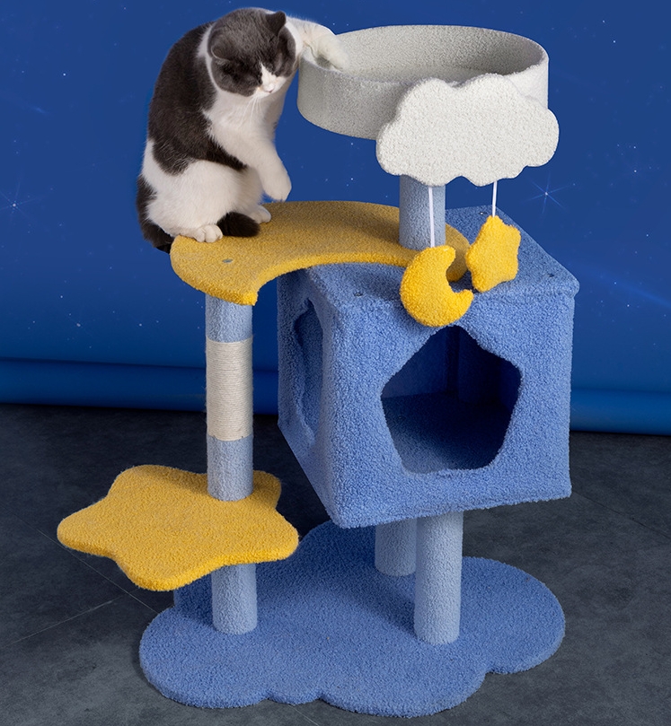 Dreamy Starry Sky Fun Towers Cat Post Climber Tree Cat Condo Scratching Post Climbing Frame Cat Post Climbing Shelf - Blue