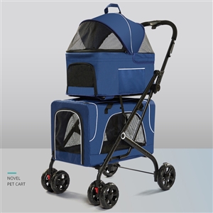 Foldable Pet Stroller Double-decker Bus Elegant Carbon Steel Removable Cats Dogs Bags Storage Basket Travel Outdoor - Oxford Blue