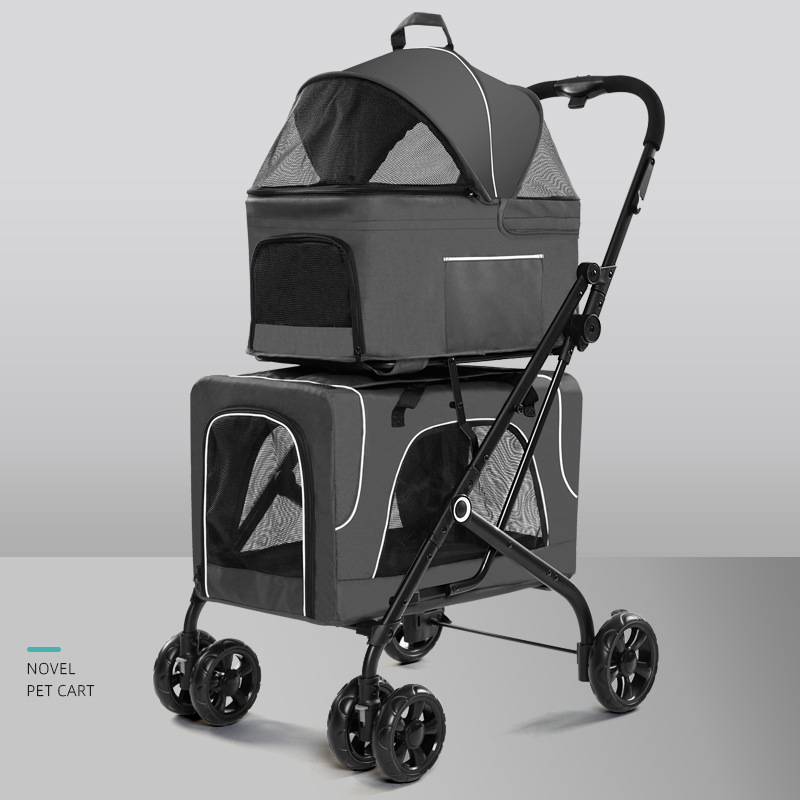 Foldable Pet Stroller Double-decker Bus Elegant Carbon Steel Removable Cats Dogs Bags Storage Basket Travel Outdoor - Oxford Grey