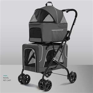 Foldable Pet Stroller Double-decker Bus Elegant Carbon Steel Removable Cats Dogs Bags Storage Basket Travel Outdoor - Oxford Grey