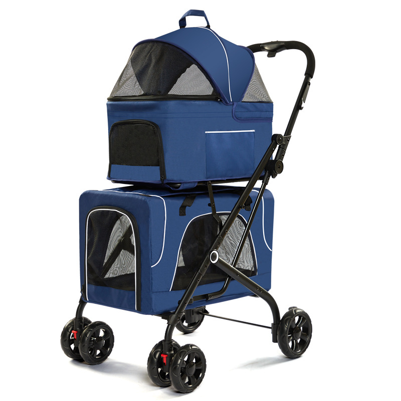 Foldable Pet Stroller Double-decker Bus Elegant Carbon Steel Removable Cats Dogs Bags Storage Basket Travel Outdoor - Oxford Blue
