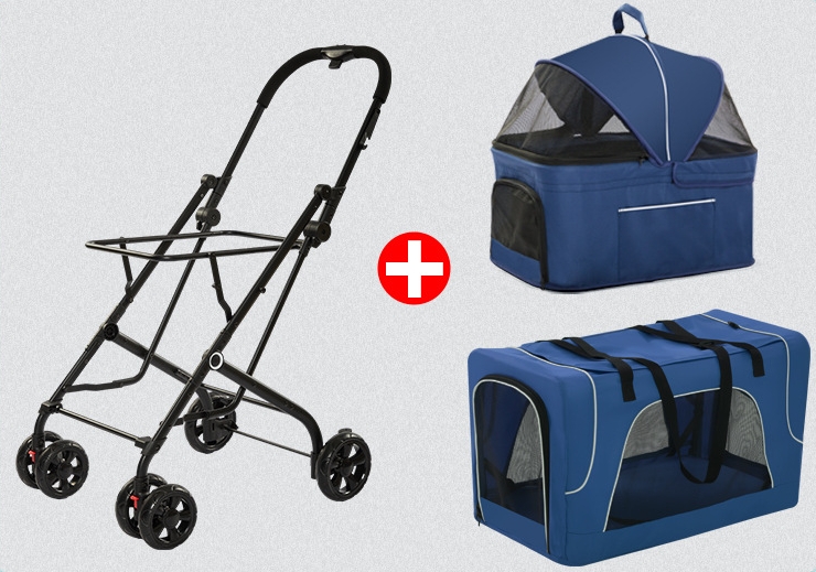 Foldable Pet Stroller Double-decker Bus Elegant Carbon Steel Removable Cats Dogs Bags Storage Basket Travel Outdoor - Oxford Blue