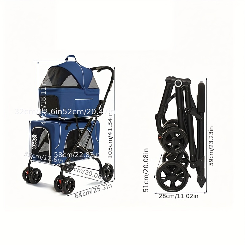 Foldable Pet Stroller Double-decker Bus Elegant Carbon Steel Removable Cats Dogs Bags Storage Basket Travel Outdoor - Oxford Blue