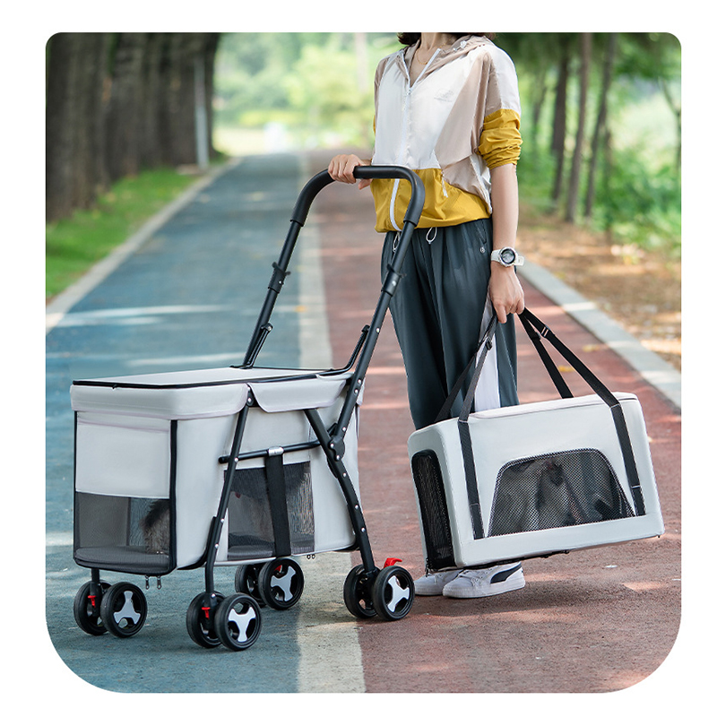 Foldable Pet Stroller Double-decker Bus Multifunctional Metal Removable Cats Dogs Bags Storage Basket Travel Outdoor Oxford - Gray