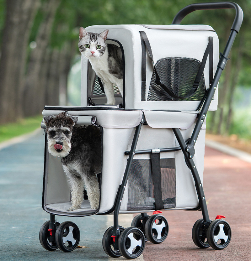 Foldable Pet Stroller Double-decker Bus Multifunctional Metal Removable Cats Dogs Bags Storage Basket Travel Outdoor Oxford - Gray