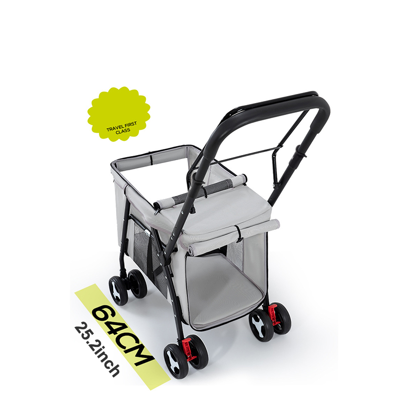 Foldable Pet Stroller Double-decker Bus Multifunctional Metal Removable Cats Dogs Bags Storage Basket Travel Outdoor Oxford - Gray