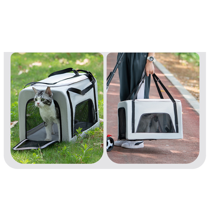 Foldable Pet Stroller Double-decker Bus Multifunctional Metal Removable Cats Dogs Bags Storage Basket Travel Outdoor Oxford - Gray