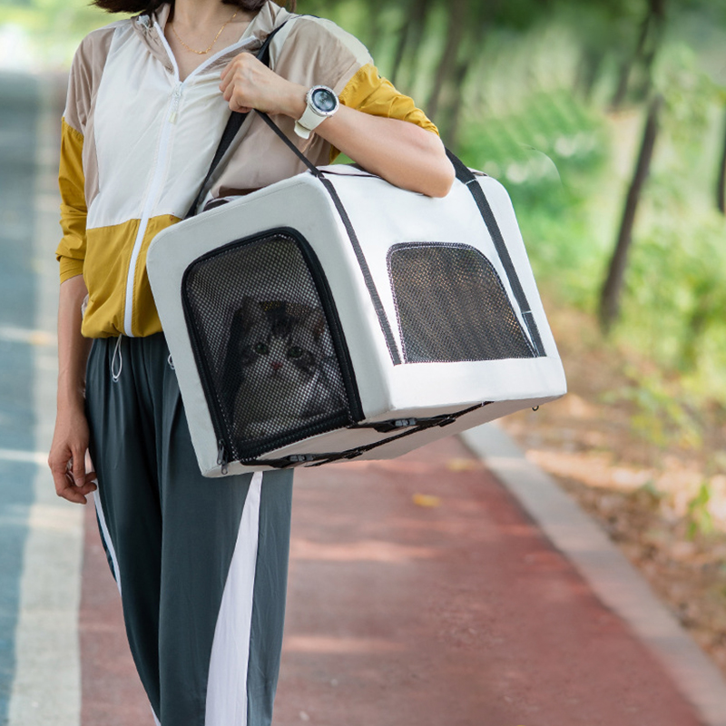 Foldable Pet Stroller Double-decker Bus Multifunctional Metal Removable Cats Dogs Bags Storage Basket Travel Outdoor Oxford - Gray