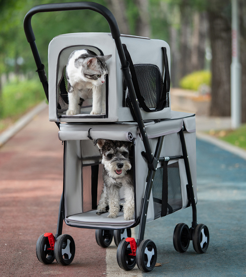Foldable Pet Stroller Double-decker Bus Multifunctional Metal Removable Cats Dogs Bags Storage Basket Travel Outdoor Oxford - Gray