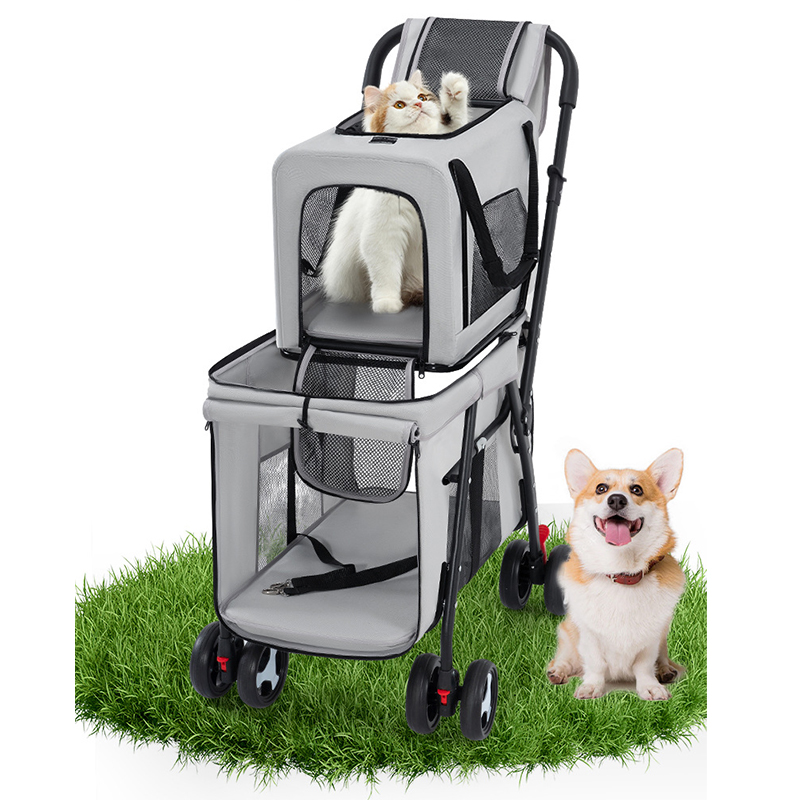 Foldable Pet Stroller Double-decker Bus Multifunctional Metal Removable Cats Dogs Bags Storage Basket Travel Outdoor Oxford - Gray