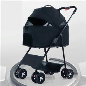 Foldable Pet Stroller Multifunctional Metal Removable Small Medium-sized Cats Dogs Bags Storage Basket Travel Outdoor - Black
