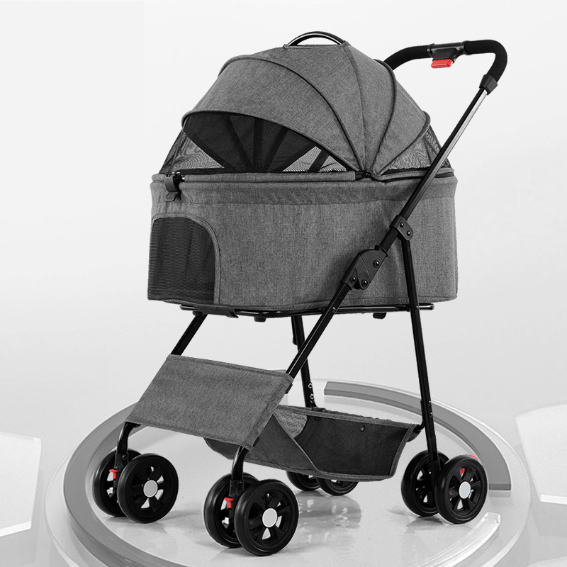 Foldable Pet Stroller Multifunctional Metal Removable Small Medium-sized Cats Dogs Bags Storage Basket Travel Outdoor - Gray