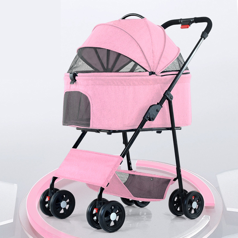 Foldable Pet Stroller Multifunctional Metal Removable Small Medium-sized Cats Dogs Bags Storage Basket Travel Outdoor - Pink