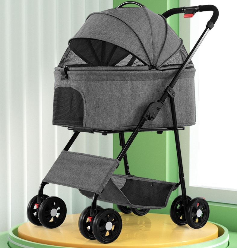 Foldable Pet Stroller Multifunctional Metal Removable Small Medium-sized Cats Dogs Bags Storage Basket Travel Outdoor - Gray