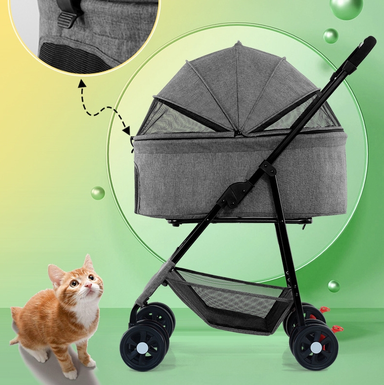 Foldable Pet Stroller Multifunctional Metal Removable Small Medium-sized Cats Dogs Bags Storage Basket Travel Outdoor - Gray