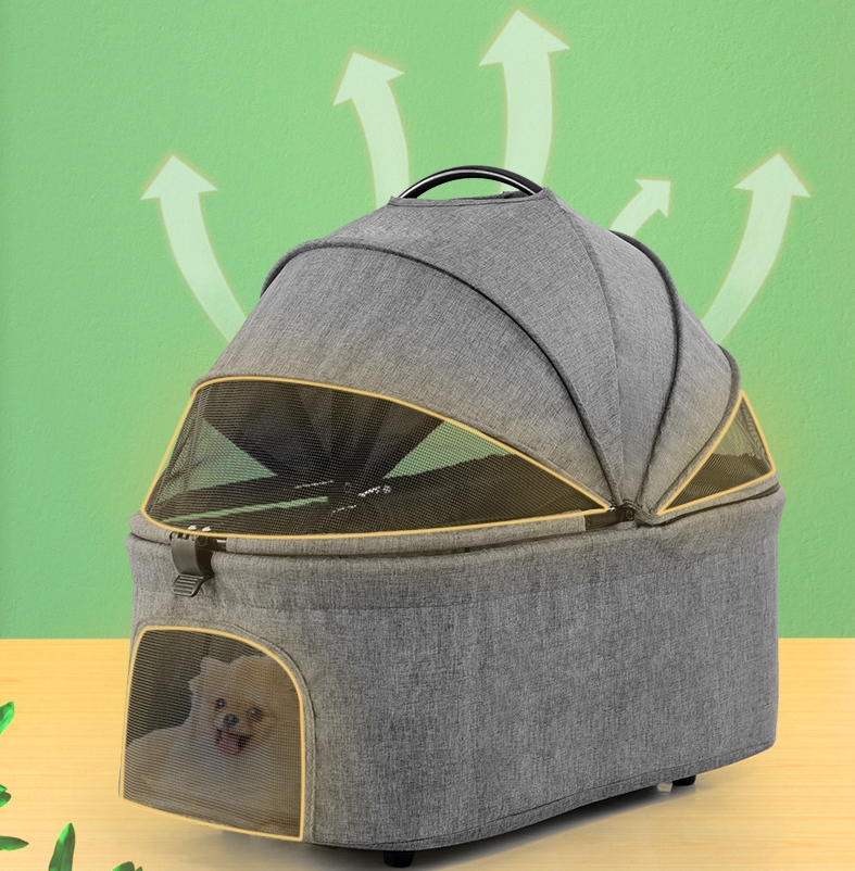 Foldable Pet Stroller Multifunctional Metal Removable Small Medium-sized Cats Dogs Bags Storage Basket Travel Outdoor - Gray