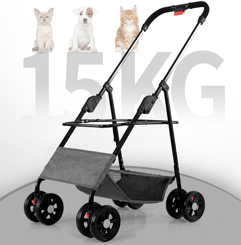 Foldable Pet Stroller Multifunctional Metal Removable Small Medium-sized Cats Dogs Bags Storage Basket Travel Outdoor - Gray