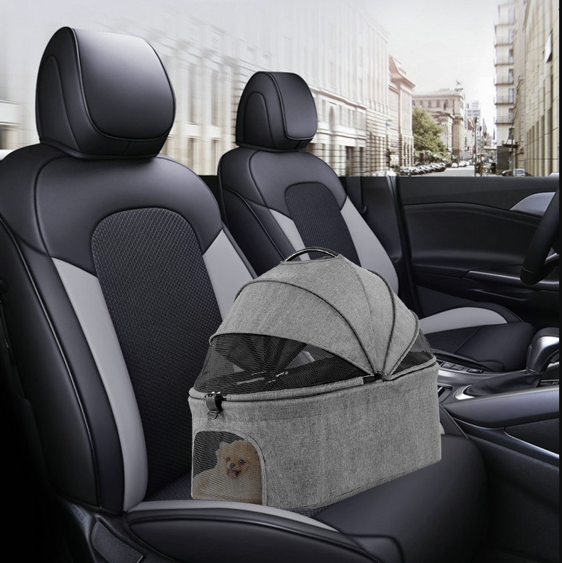 Foldable Pet Stroller Multifunctional Metal Removable Small Medium-sized Cats Dogs Bags Storage Basket Travel Outdoor - Gray