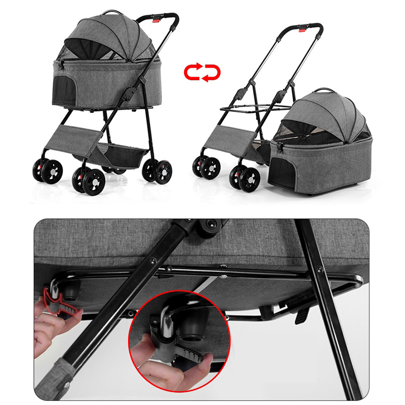 Foldable Pet Stroller Multifunctional Metal Removable Small Medium-sized Cats Dogs Bags Storage Basket Travel Outdoor - Gray