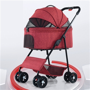 Foldable Pet Stroller Multifunctional Metal Removable Small Medium-sized Cats Dogs Bags Storage Basket Travel Outdoor - Red