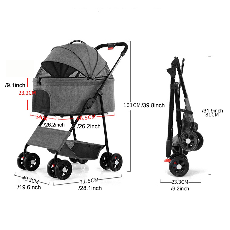 Foldable Pet Stroller Multifunctional Metal Removable Small Medium-sized Cats Dogs Bags Storage Basket Travel Outdoor - Gray