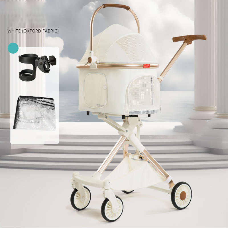 Foldable Pet Stroller With Wheels Elegant Aluminum Removable Cats Dogs Bags Storage Basket Travel Outdoor - Oxford White