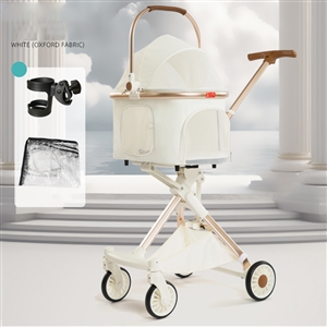 Foldable Pet Stroller With Wheels Elegant Aluminum Removable Cats Dogs Bags Storage Basket Travel Outdoor - Oxford White