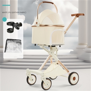 Foldable Pet Stroller With Wheels Elegant Aluminum Removable Cats Dogs Bags Storage Basket Travel Outdoor - PU Leather White