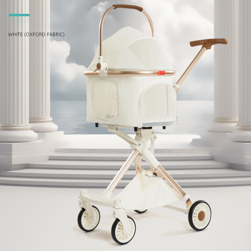 Foldable Pet Stroller With Wheels Elegant Aluminum Removable Cats Dogs Bags Storage Basket Travel Outdoor - Oxford White