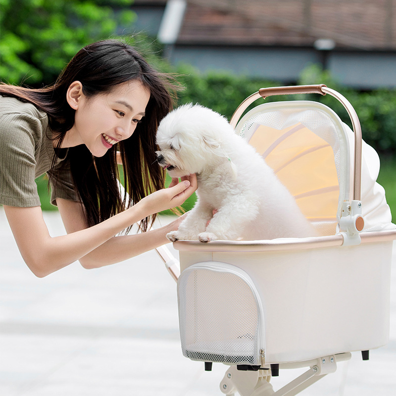 Foldable Pet Stroller With Wheels Elegant Aluminum Removable Cats Dogs Bags Storage Basket Travel Outdoor - Oxford White