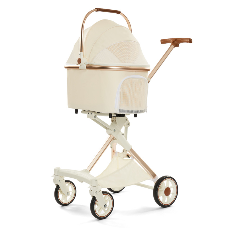 Foldable Pet Stroller With Wheels Elegant Aluminum Removable Cats Dogs Bags Storage Basket Travel Outdoor - Oxford White