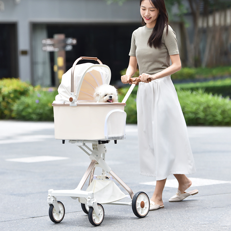 Foldable Pet Stroller With Wheels Elegant Aluminum Removable Cats Dogs Bags Storage Basket Travel Outdoor - Oxford White