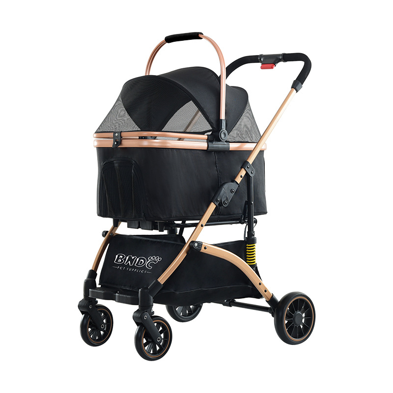 Foldable Pet Stroller With Wheels Multifunctional Aluminum Removable Cats Dogs Bags Storage Basket Travel Outdoor - Black