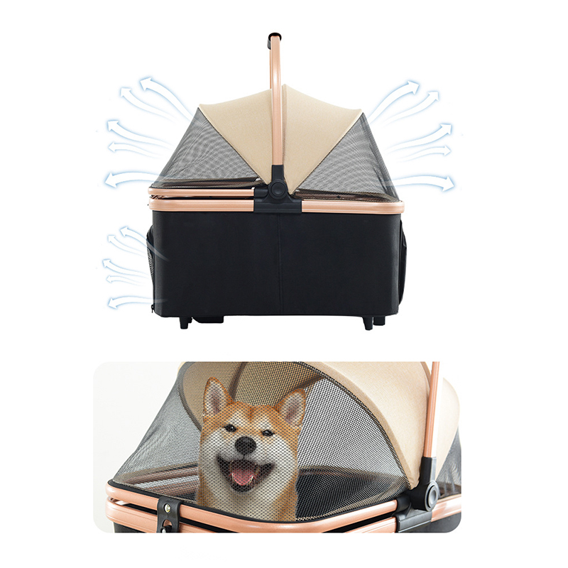 Foldable Pet Stroller With Wheels Multifunctional Aluminum Removable Cats Dogs Bags Storage Basket Travel Outdoor - Khaki