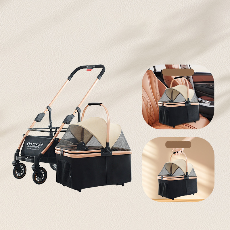 Foldable Pet Stroller With Wheels Multifunctional Aluminum Removable Cats Dogs Bags Storage Basket Travel Outdoor - Khaki