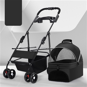 Foldable Pet Stroller With Wheels Multifunctional Dining Plate Removable Cats Dogs Bags Storage Basket Travel Outdoor - Black