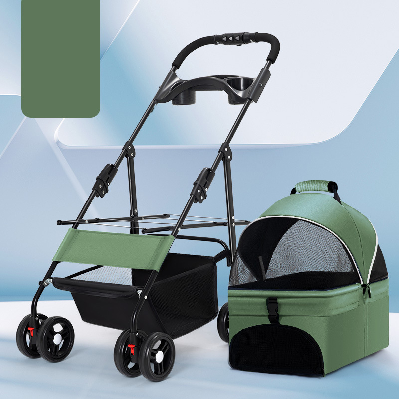 Foldable Pet Stroller With Wheels Multifunctional Dining Plate Removable Cats Dogs Bags Storage Basket Travel Outdoor - Green