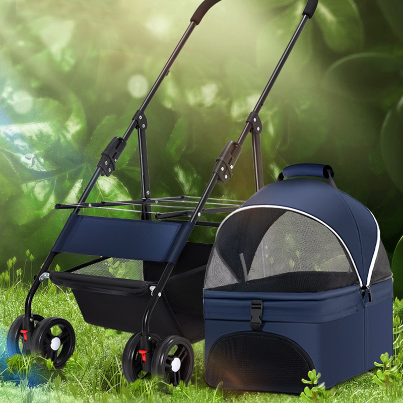 Foldable Pet Stroller With Wheels Multifunctional Dining Plate Removable Cats Dogs Bags Storage Basket Travel Outdoor - Baby Blue