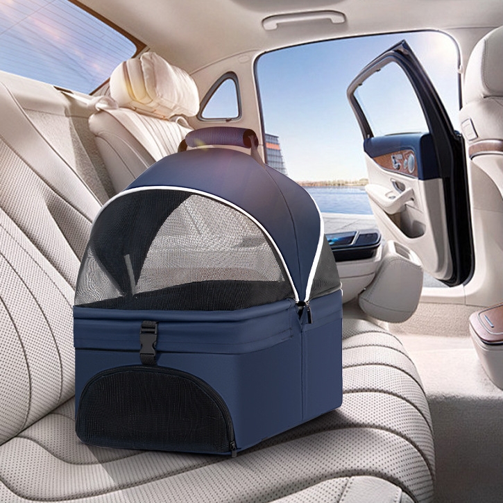 Foldable Pet Stroller With Wheels Multifunctional Dining Plate Removable Cats Dogs Bags Storage Basket Travel Outdoor - Baby Blue