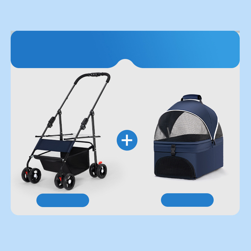 Foldable Pet Stroller With Wheels Multifunctional Dining Plate Removable Cats Dogs Bags Storage Basket Travel Outdoor - Baby Blue