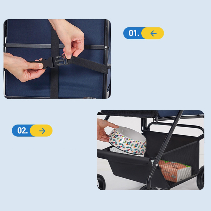 Foldable Pet Stroller With Wheels Multifunctional Dining Plate Removable Cats Dogs Bags Storage Basket Travel Outdoor - Baby Blue