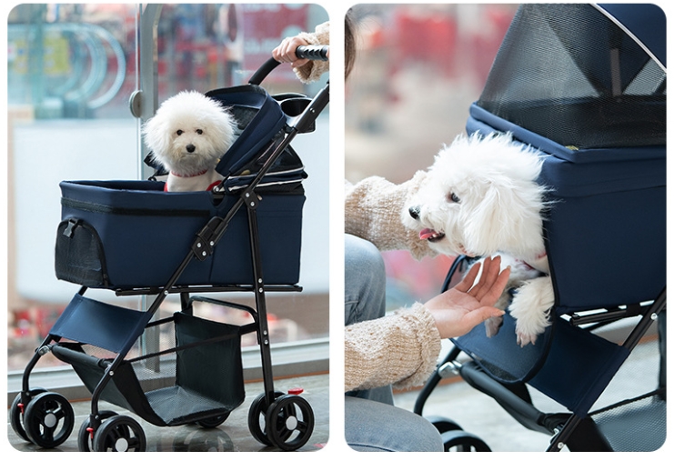 Foldable Pet Stroller With Wheels Multifunctional Dining Plate Removable Cats Dogs Bags Storage Basket Travel Outdoor - Baby Blue