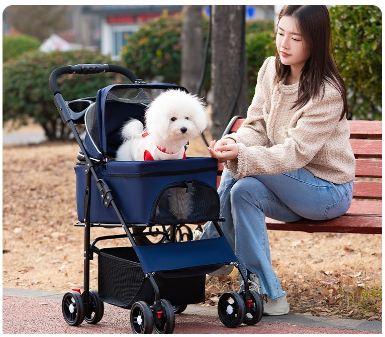 Foldable Pet Stroller With Wheels Multifunctional Dining Plate Removable Cats Dogs Bags Storage Basket Travel Outdoor - Baby Blue