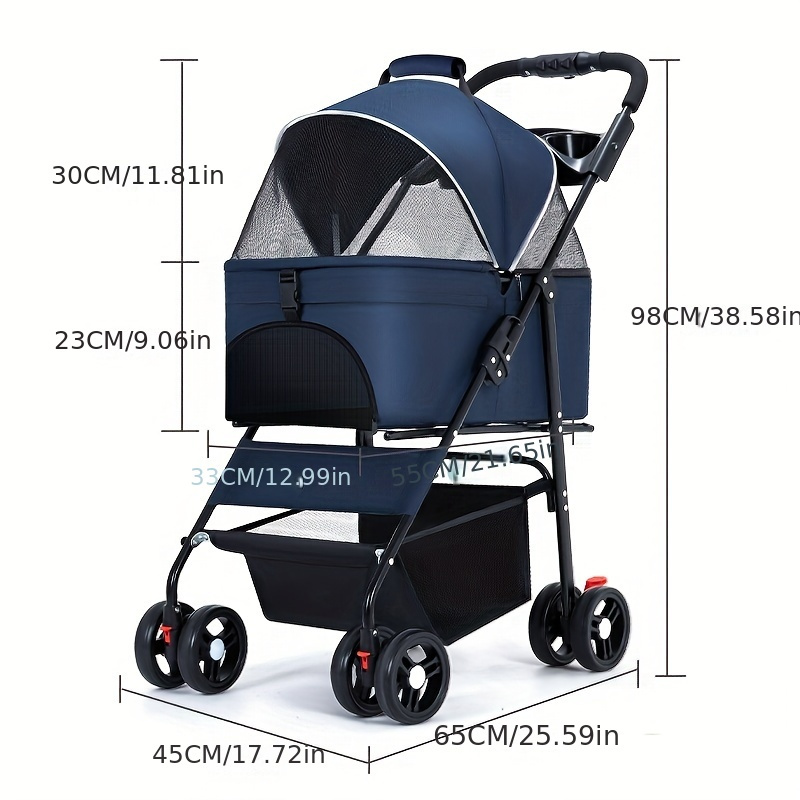 Foldable Pet Stroller With Wheels Multifunctional Dining Plate Removable Cats Dogs Bags Storage Basket Travel Outdoor - Baby Blue