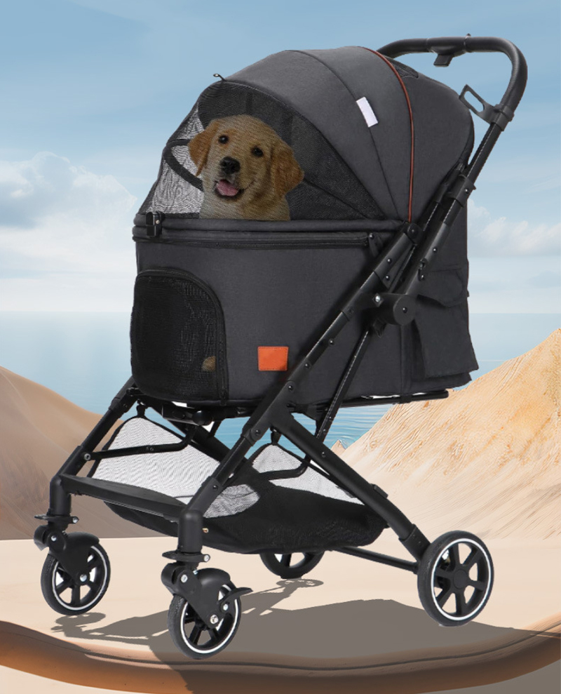 Foldable Pet Stroller with 4 One Wheels Multifunctional Aluminum Removable Cats Dogs Bags Storage Basket Travel Outdoor - Black