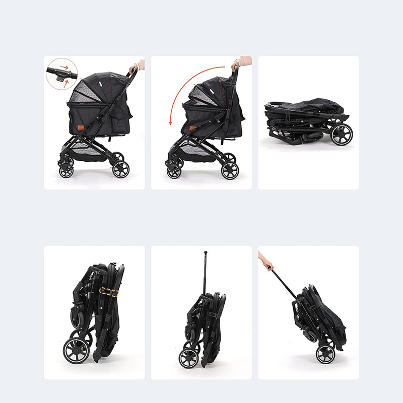 Foldable Pet Stroller with 4 One Wheels Multifunctional Aluminum Removable Cats Dogs Bags Storage Basket Travel Outdoor - Black